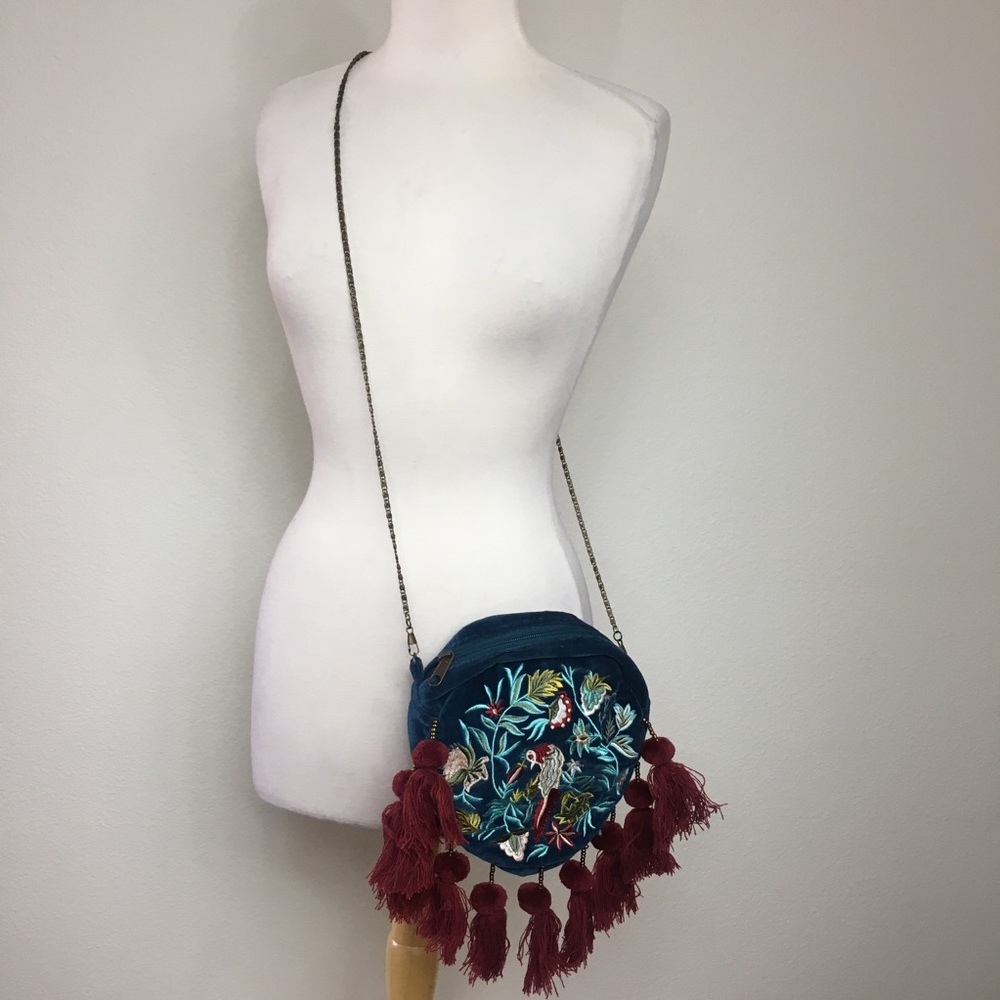 Curations Teal Velvet Wine Tassel Embroidered Circle Bronze Chain Crossbody Bag